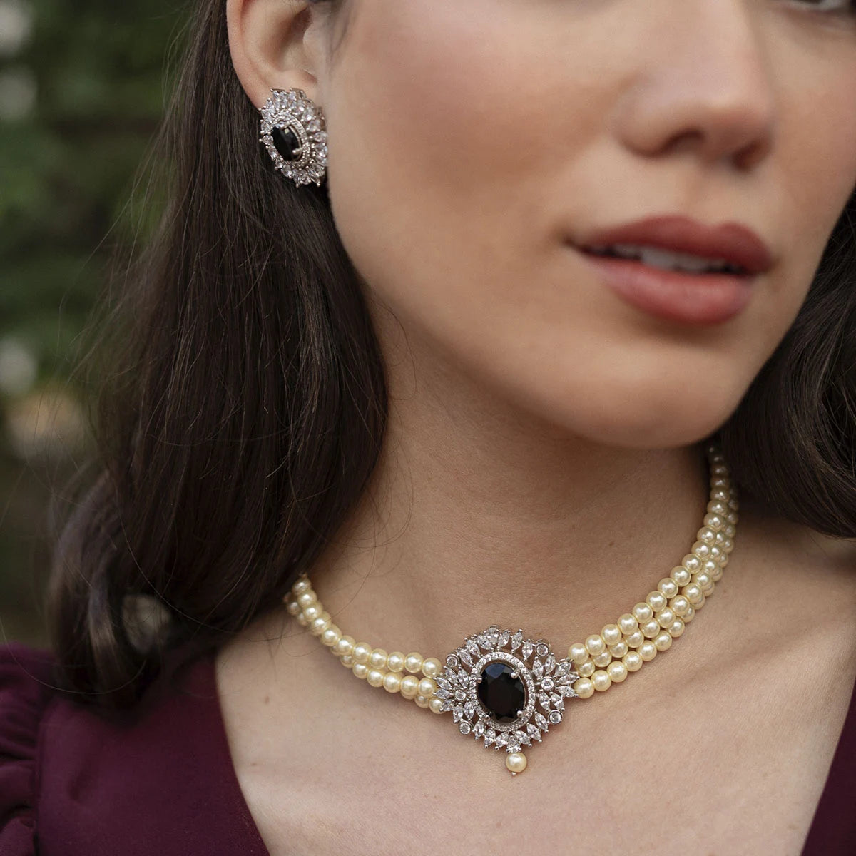 Choker Cella Plata Negro y Perlas
