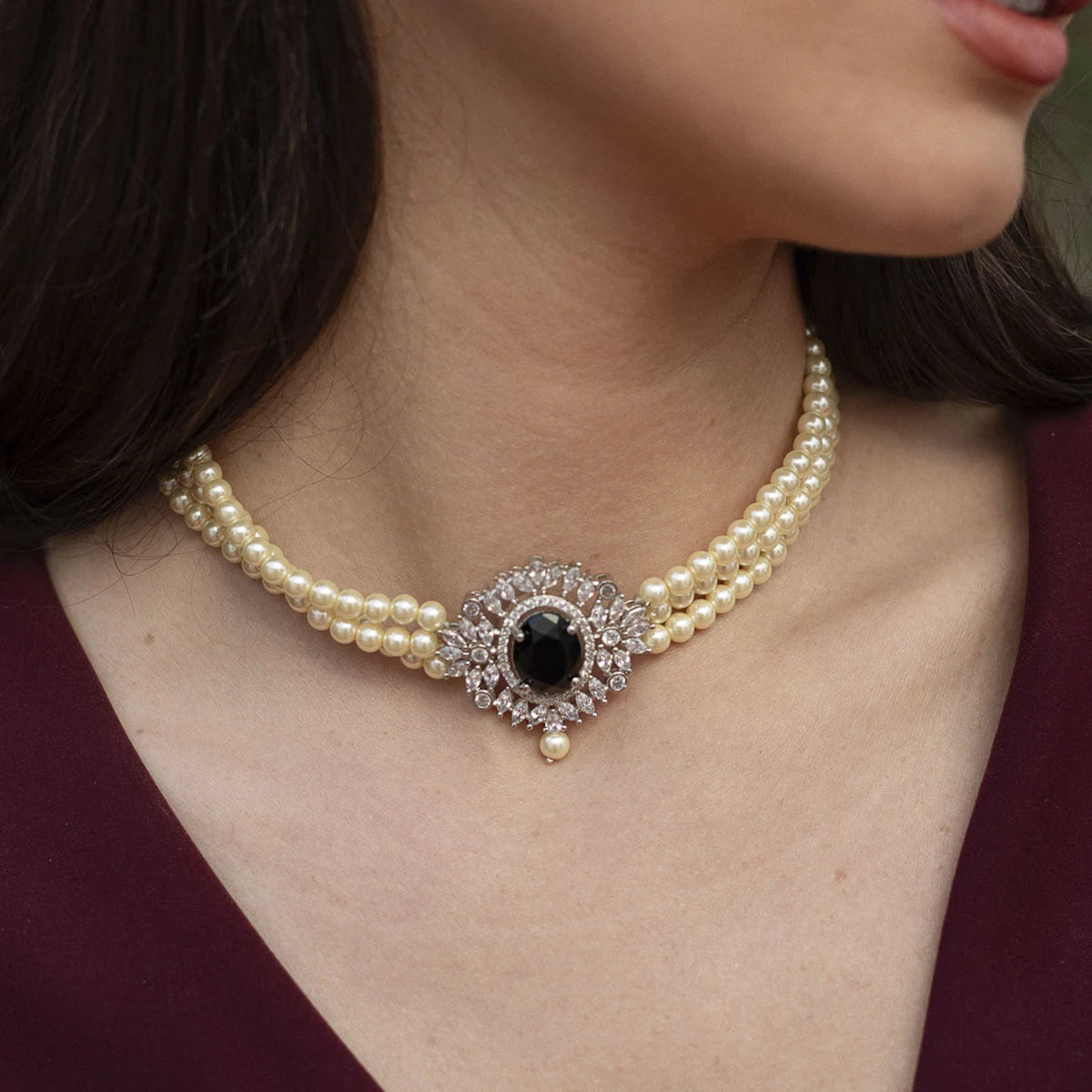 Choker Cella Plata Negro y Perlas