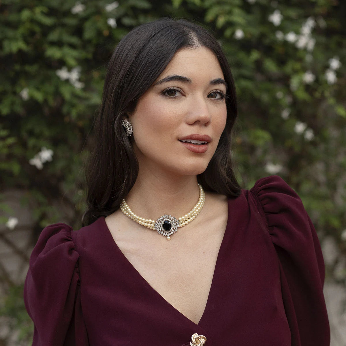 Choker Cella Plata Negro y Perlas