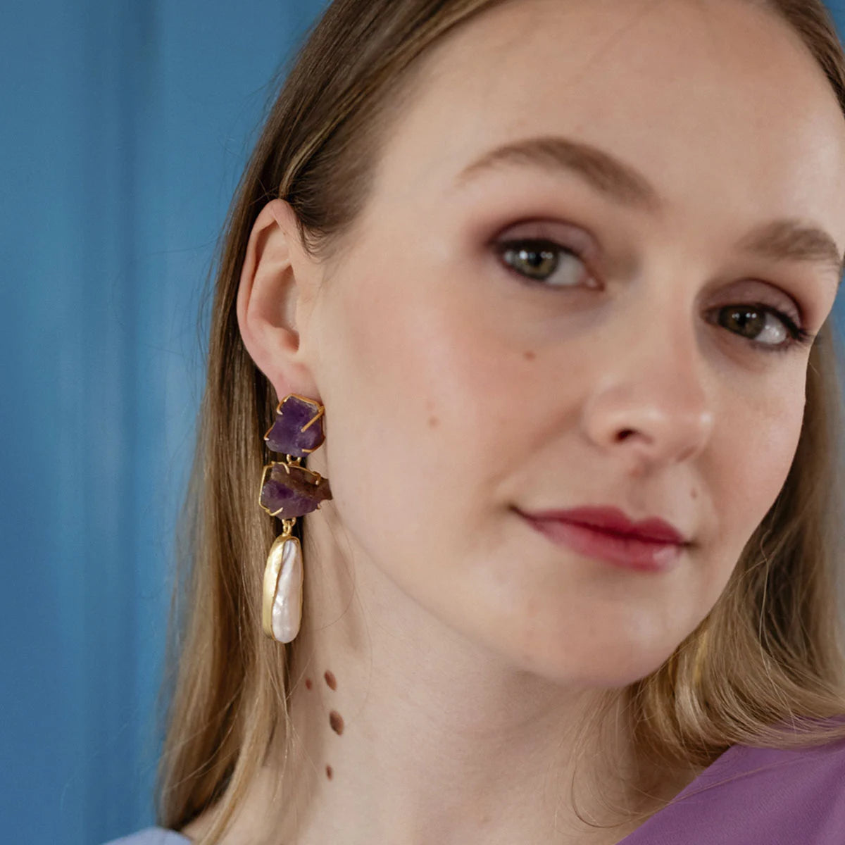 Pendientes Cardeña Rough Morado y Perla