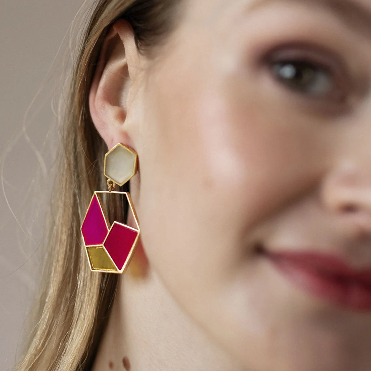 Pendientes Cubista Fucsia y Amarillo