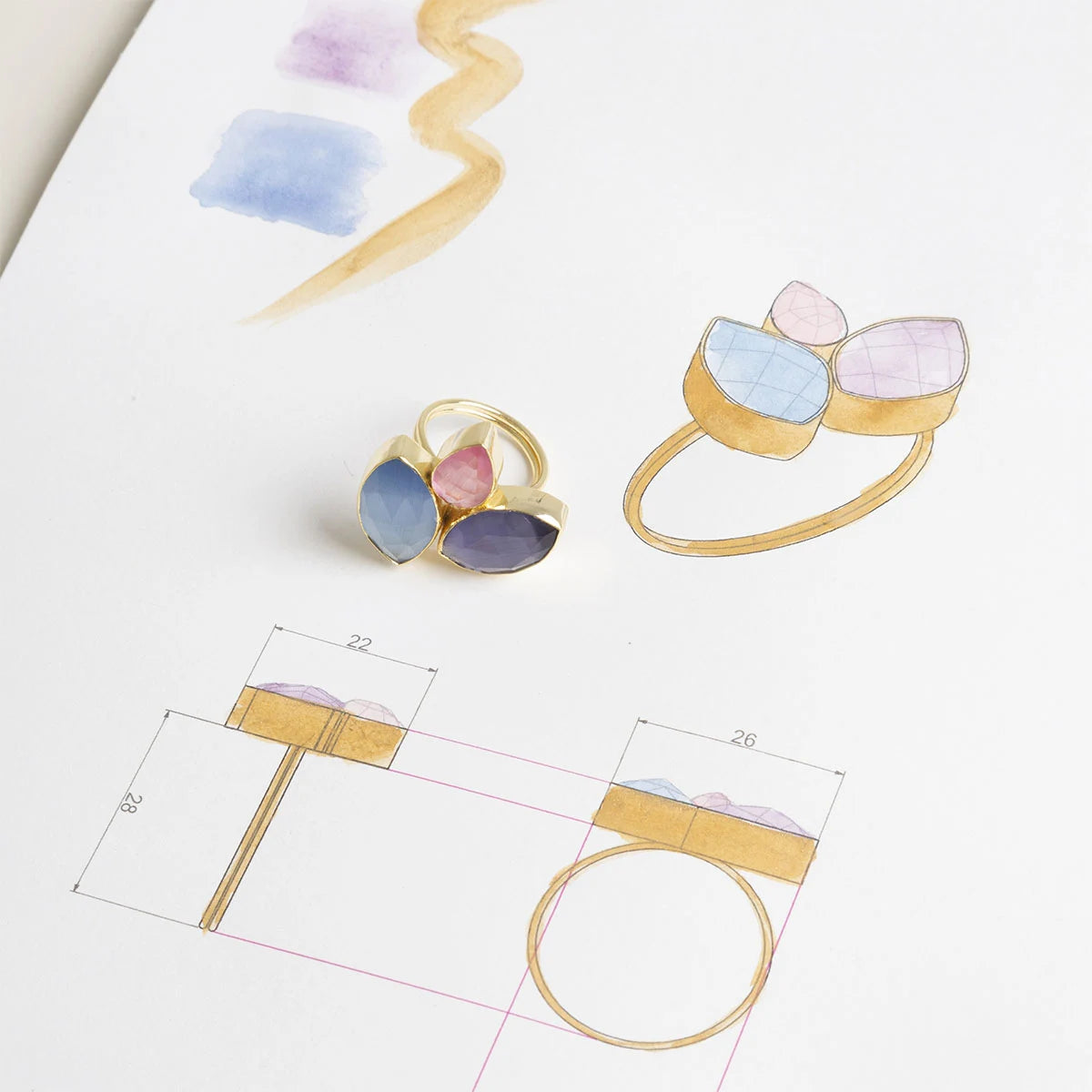 Anillo Grayas Azul. Rosa y Morado