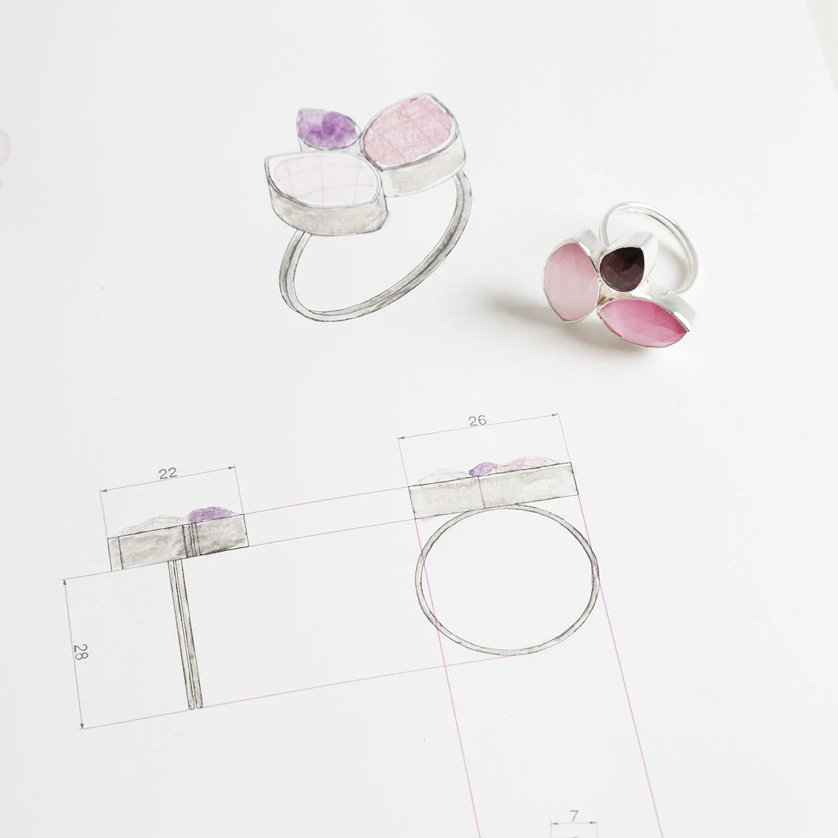 Anillo Grayas Plata Rosas y Morado