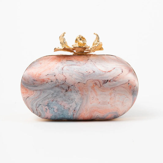 Bolso Ovalado Flor Garra Print Art Beige y Azul Grisáceo