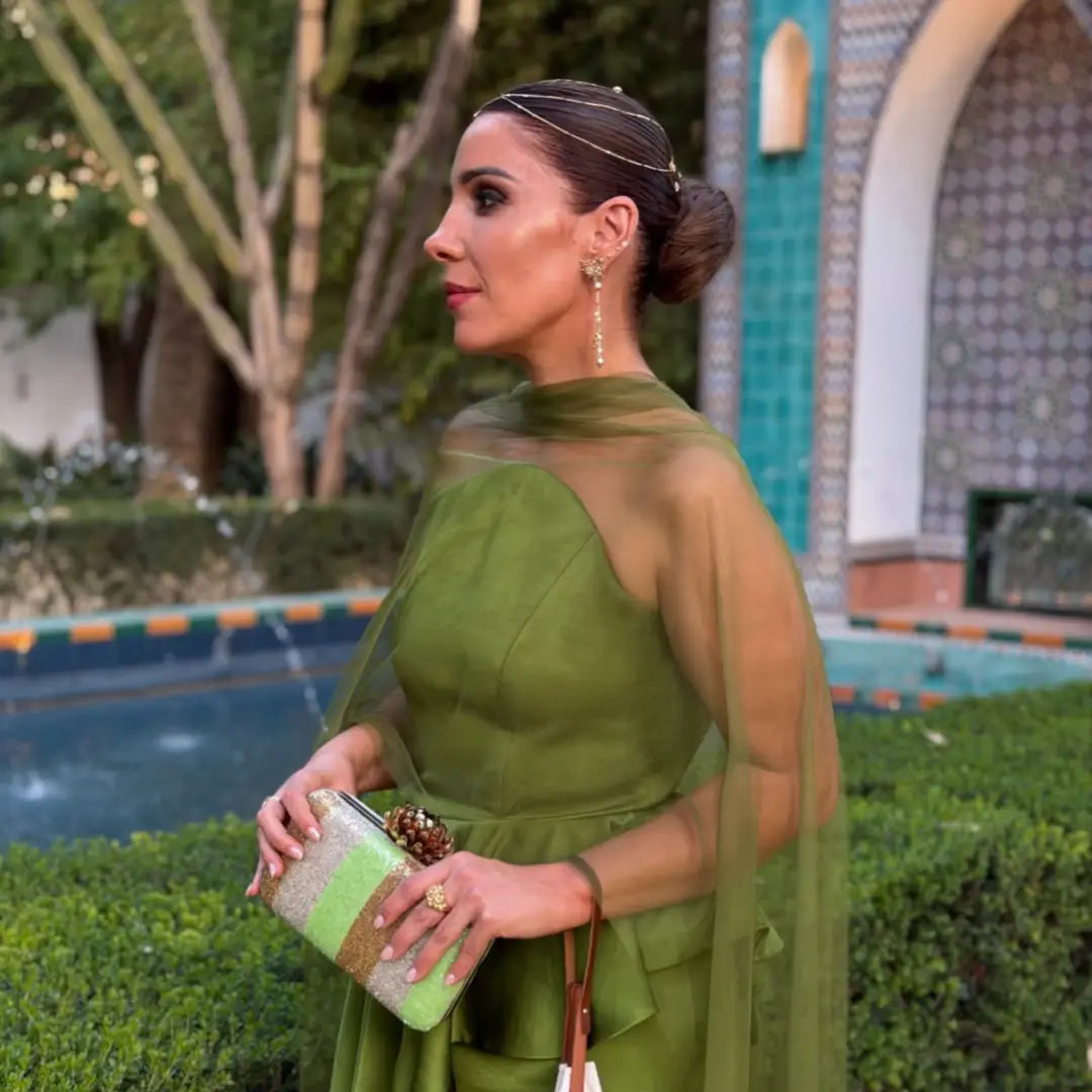 Bolso Loto Shirita Verde Lima, Dorado y Gris