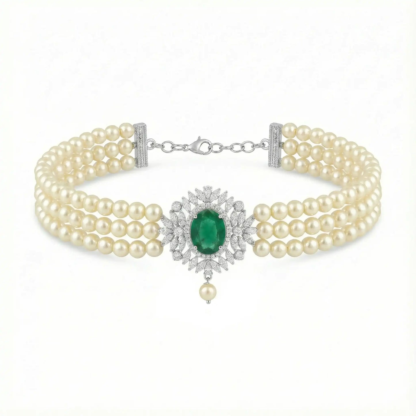Choker Cella Plata Verde y Perlas