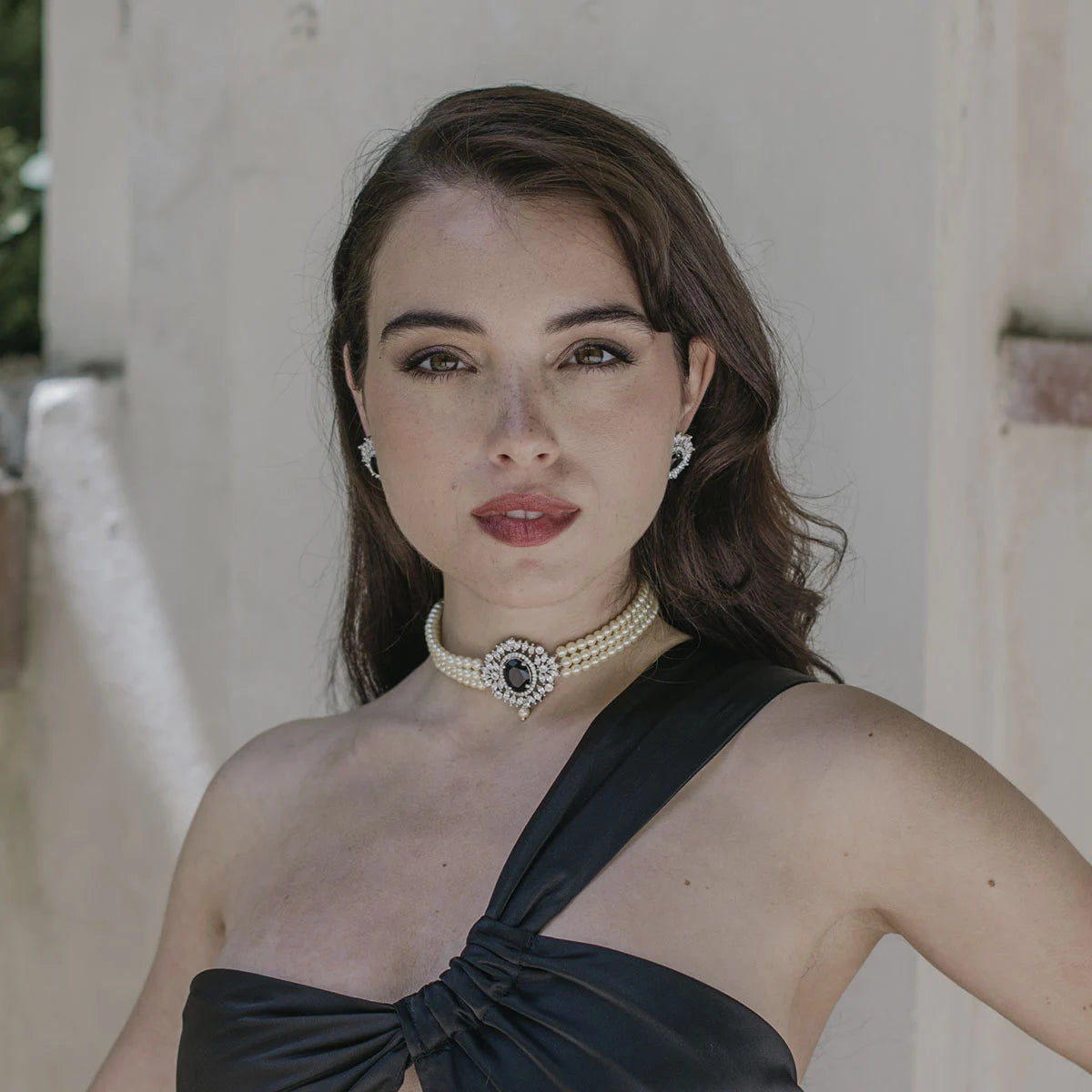 Choker Cella Plata Negro y Perlas