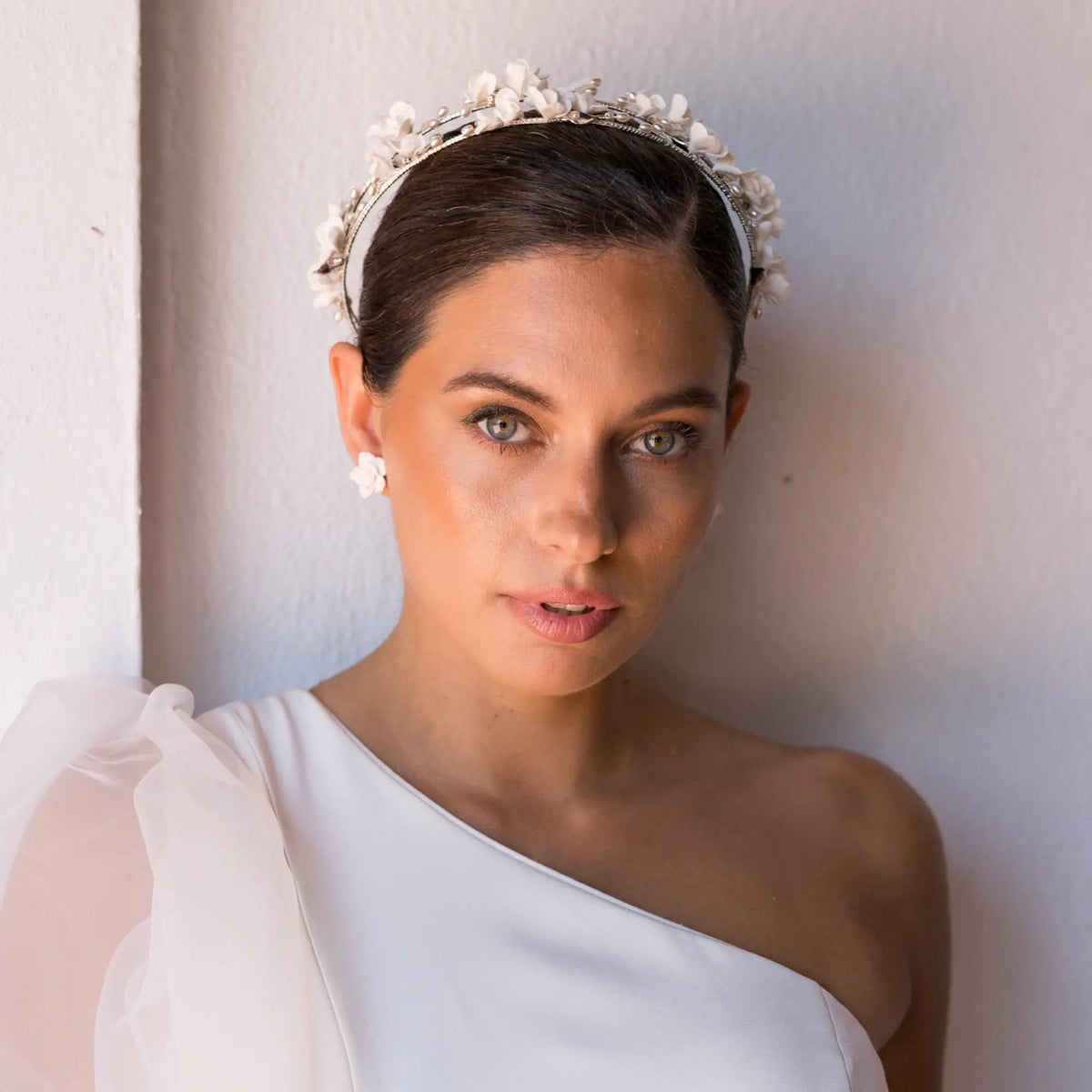 Diadema Noelia Plata Doble Flores Blanca