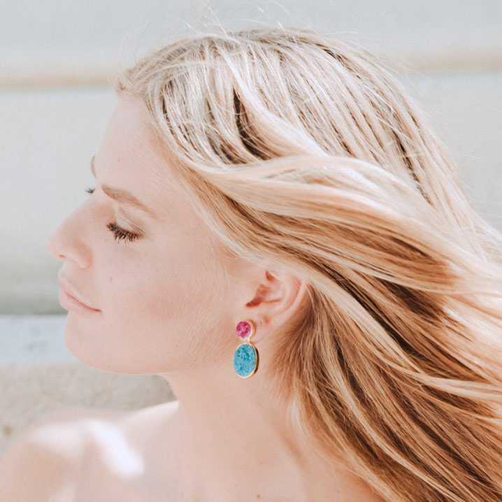 Pendientes Rupia Desmontable Fucsia y Azul Turquesa