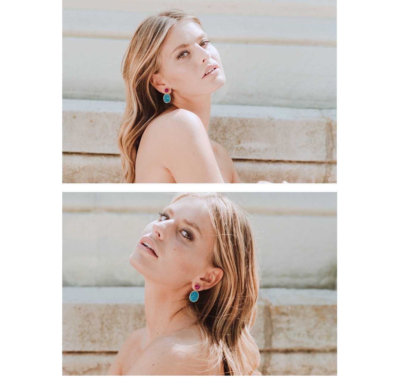 Pendientes Rupia Desmontable Fucsia y Azul Turquesa