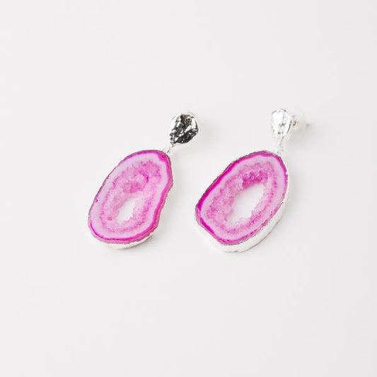 Pendientes Geodas Plata Fucsia