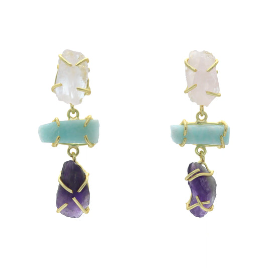 Pendientes Gisela Rosa Cuarzo, Verde agua amazonita y Morado amatista
