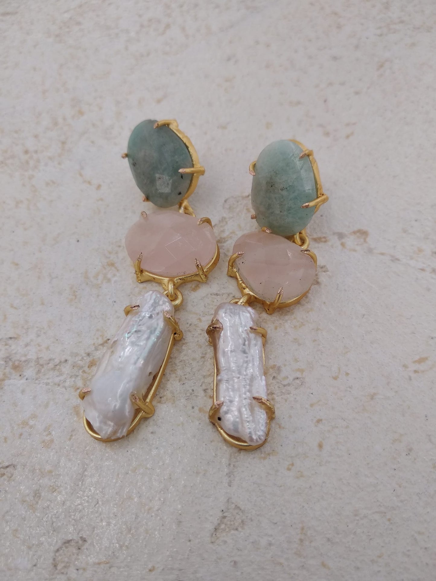 Pendientes Jubia Verde agua Amazonita. Rosa y Perla