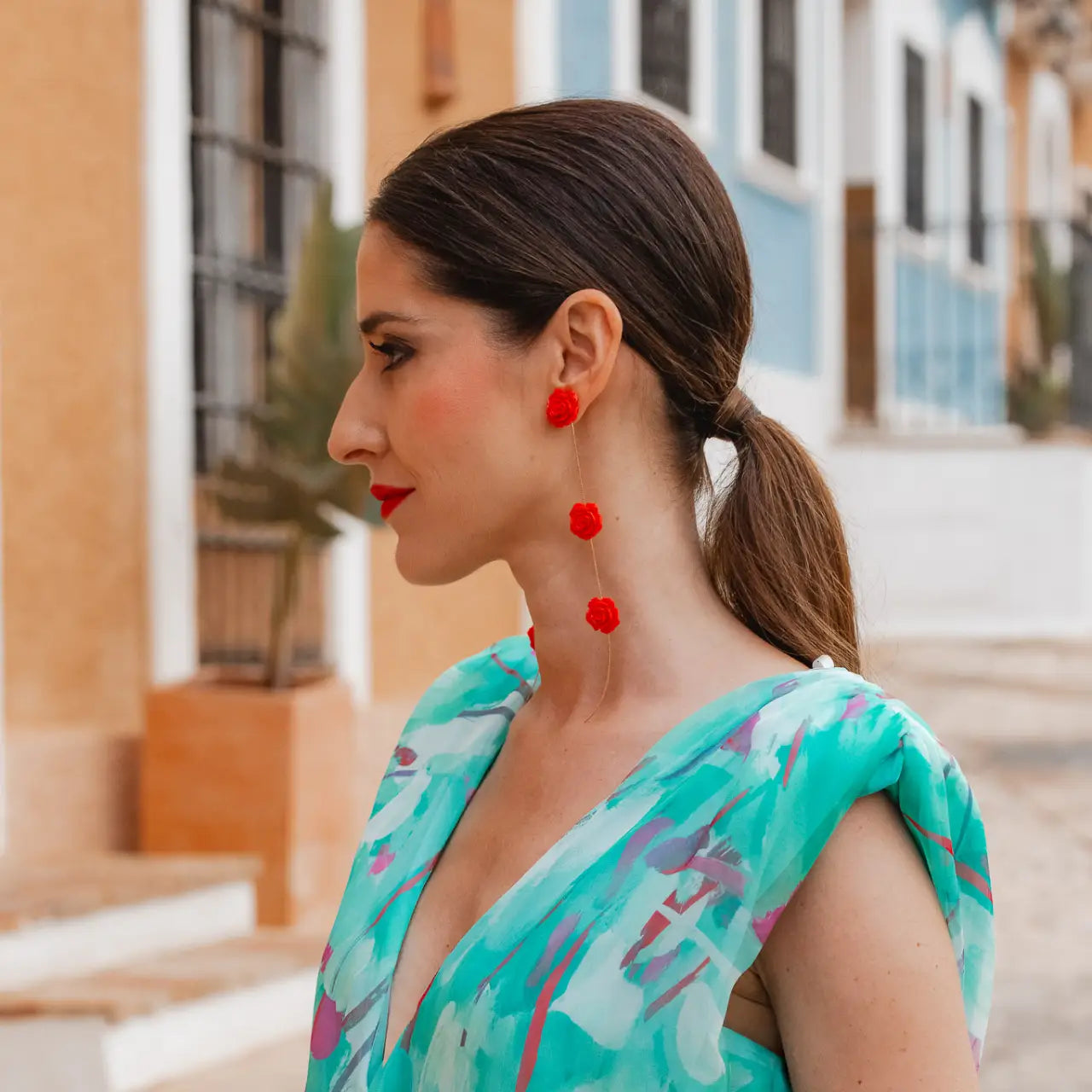 Pendientes Rociera 3 Flores Rojo