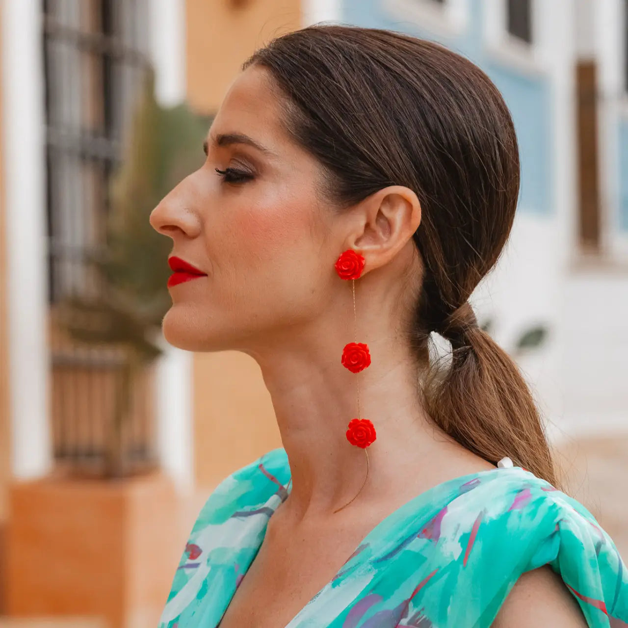 Pendientes Rociera 3 Flores Rojo