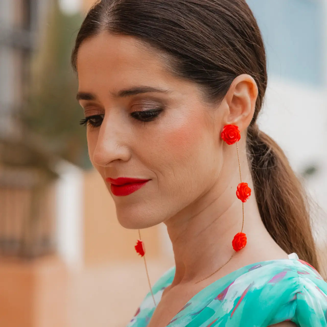 Pendientes Rociera 3 Flores Rojo