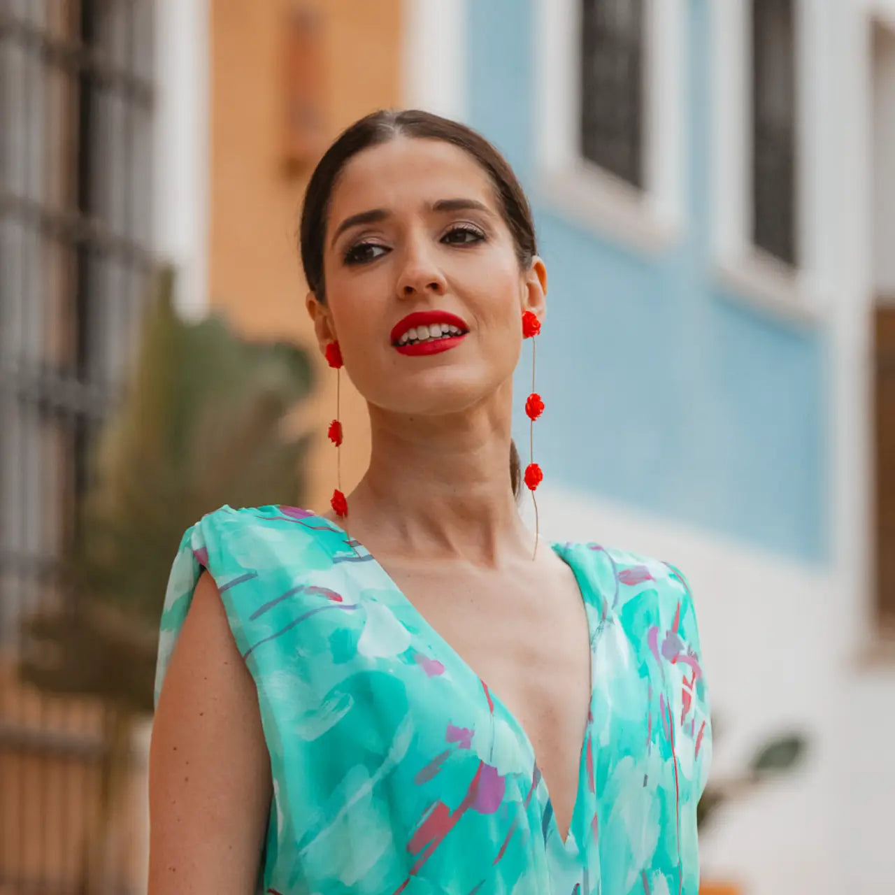 Pendientes Rociera 3 Flores Rojo