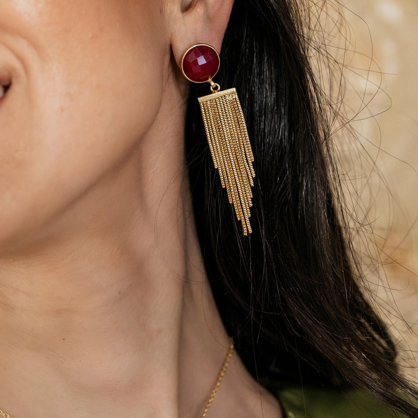 Pendientes Borla Flecos Rubí