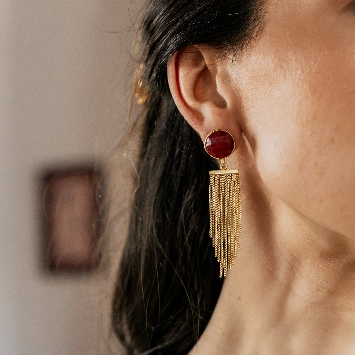 Pendientes Borla Flecos Rubí