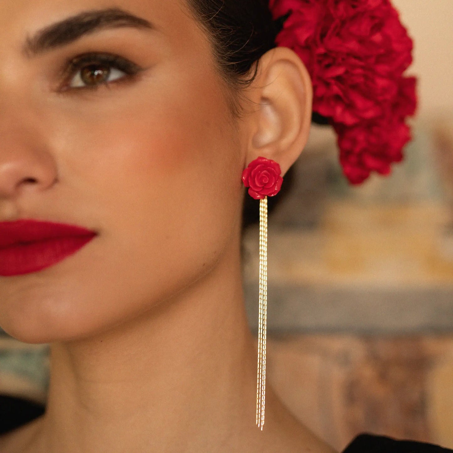 Pendientes Cadenza Flor Flecos Rojo (desmontables)