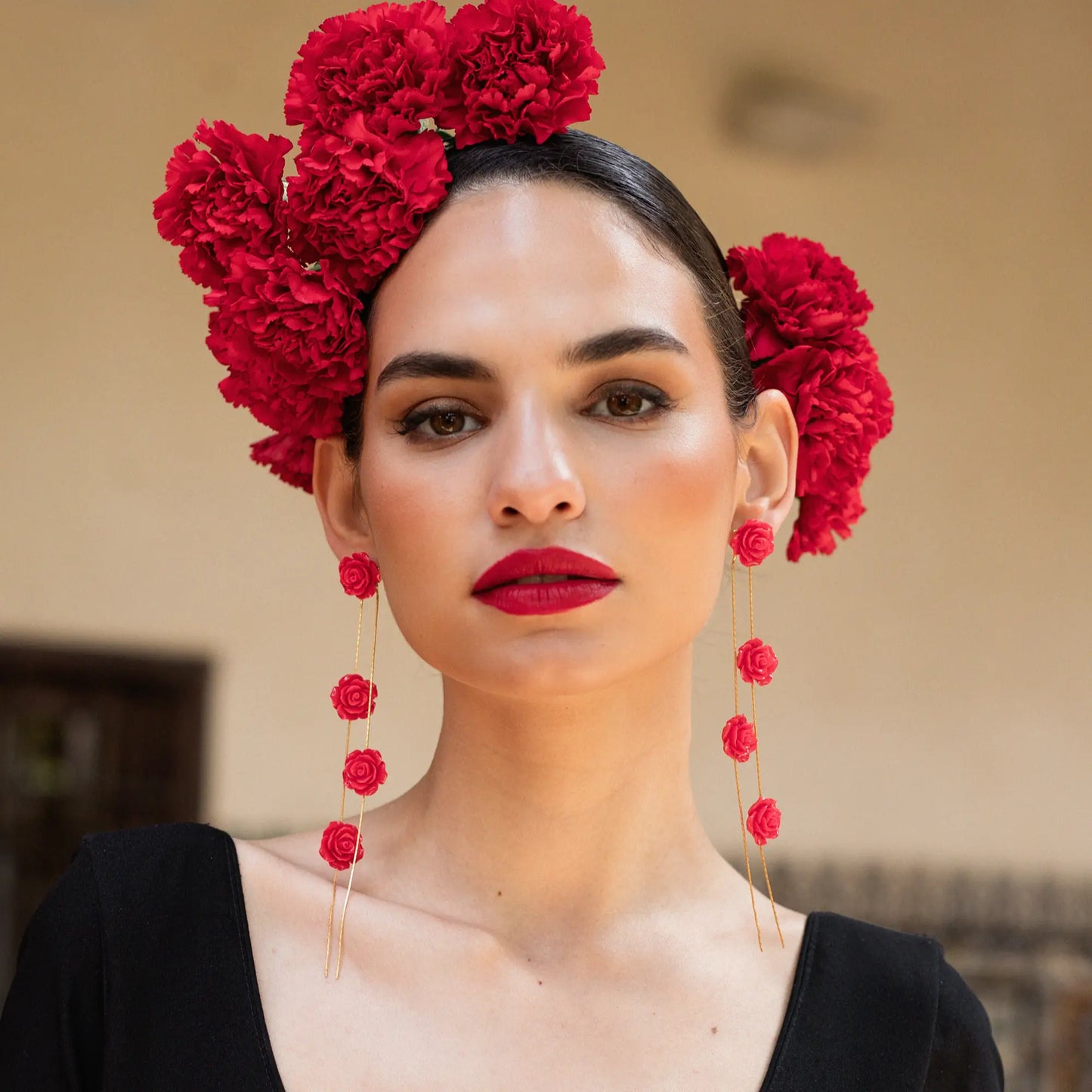 Pendientes Carmesí 4 Flores Rojo