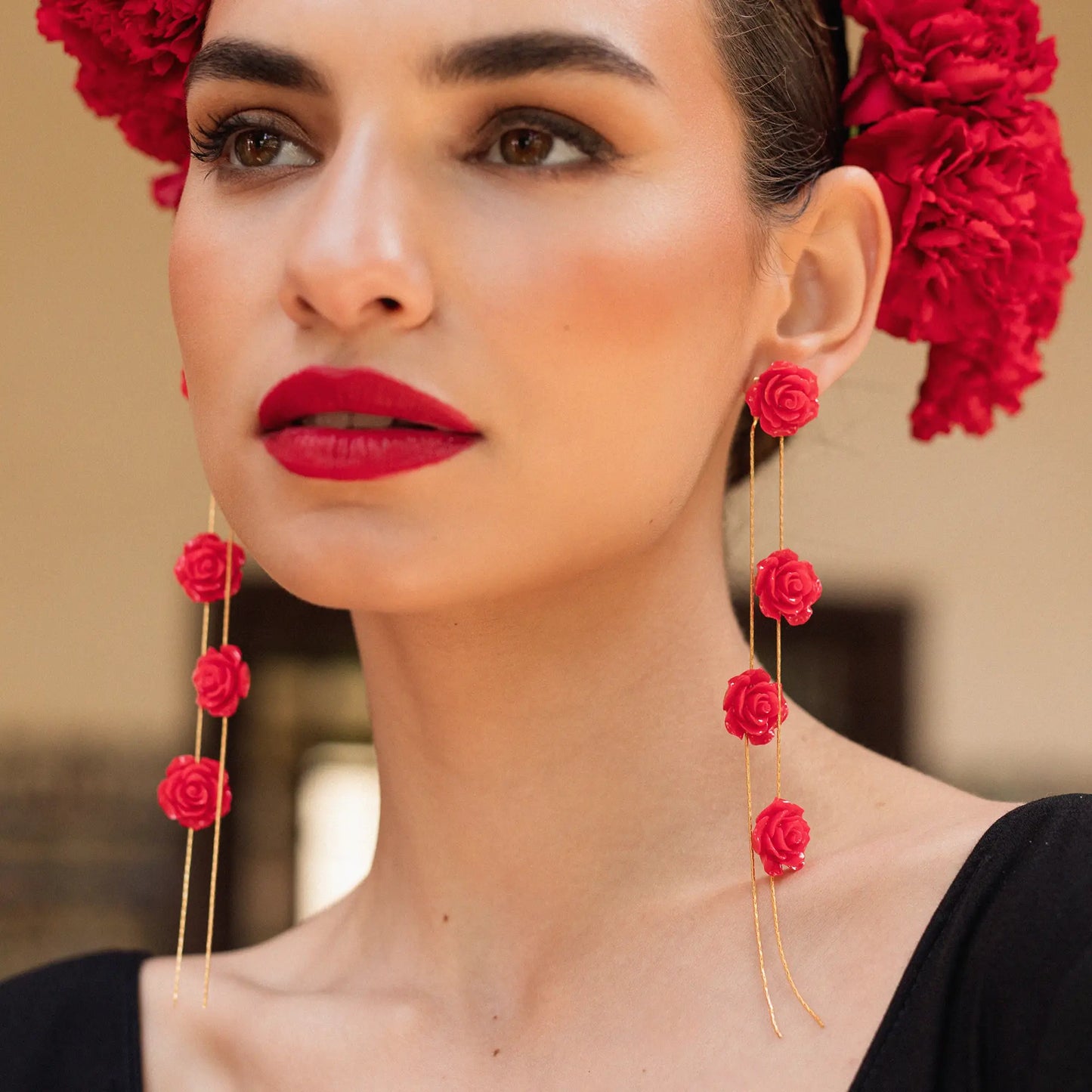 Pendientes Carmesí 4 Flores Rojo