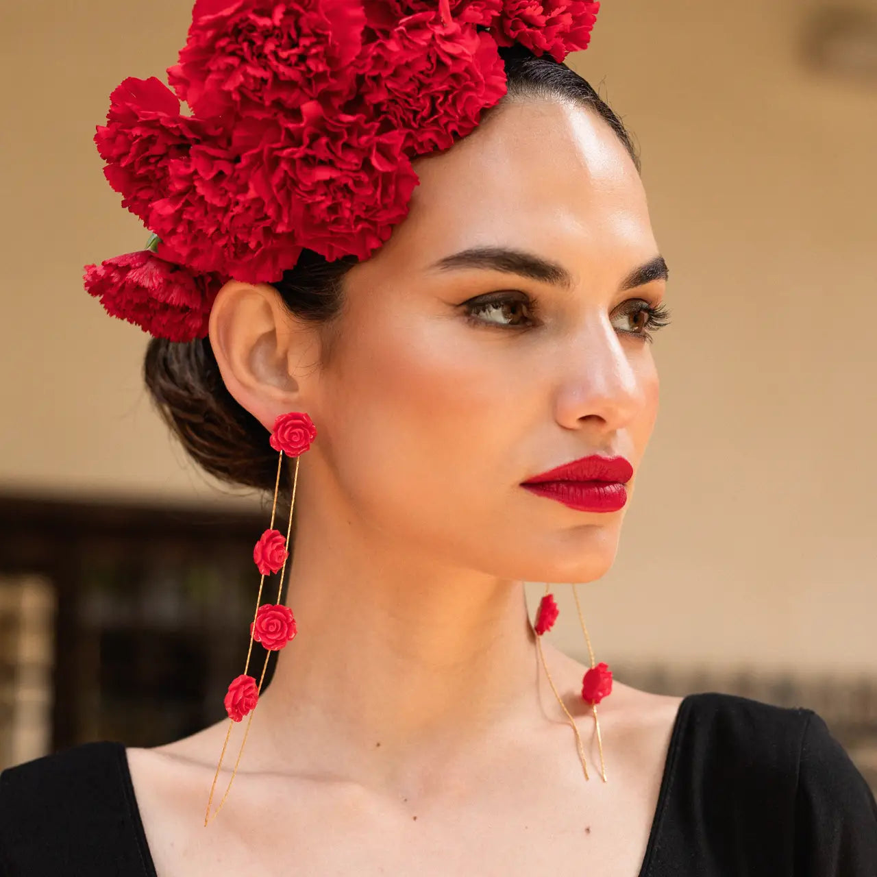 Pendientes Carmesí 4 Flores Rojo