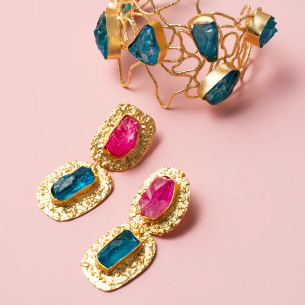 Pendientes Elenis Ed. Limitada Rough Fucsia y Azul Turquesa