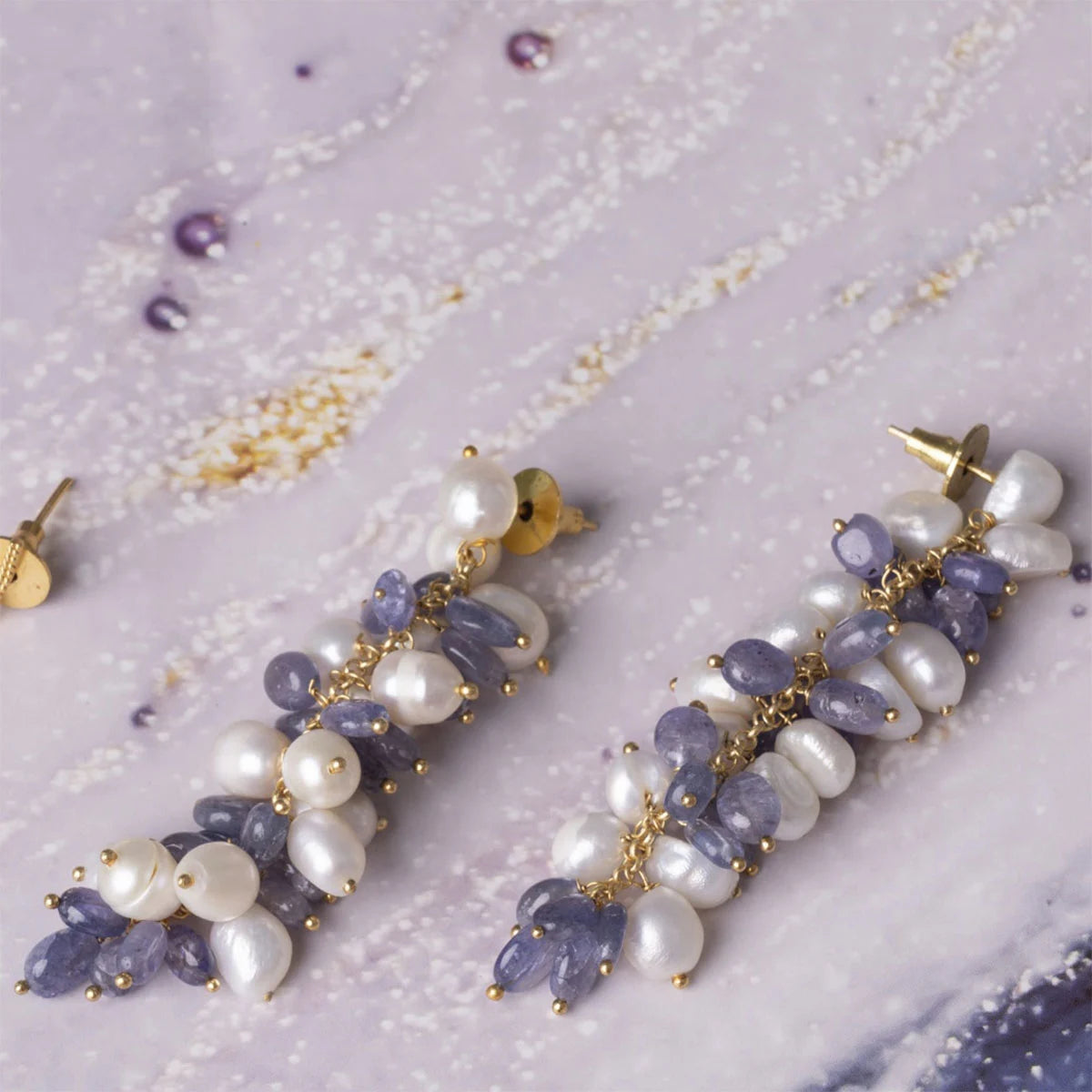 Pendientes Chelonia Azul Tanzanita y Perlas