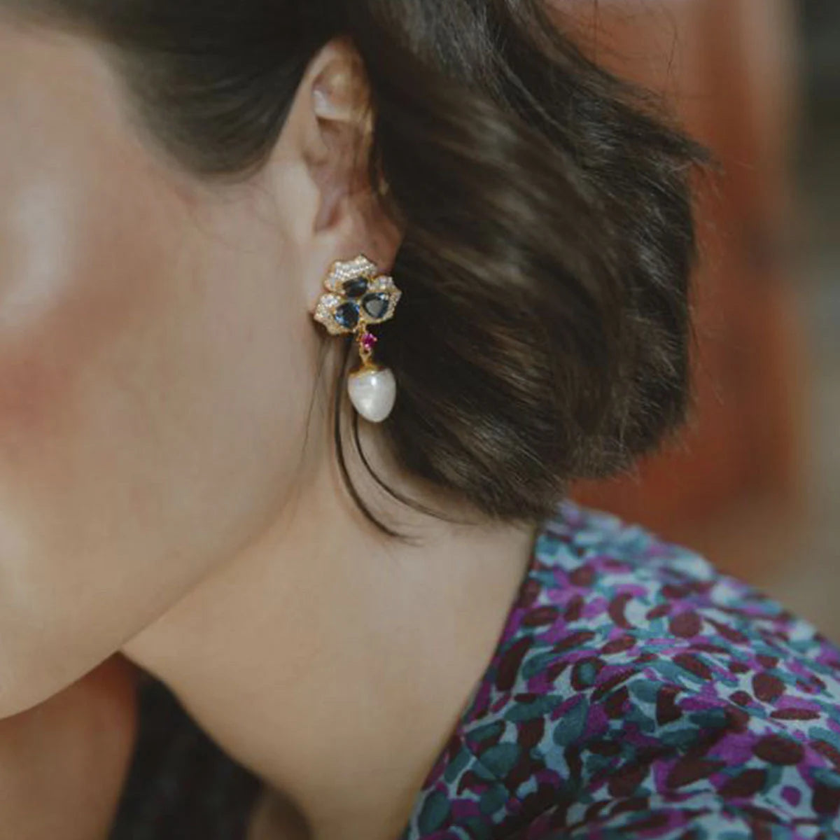 Pendientes Fresia Azul, Fucsia y Perla