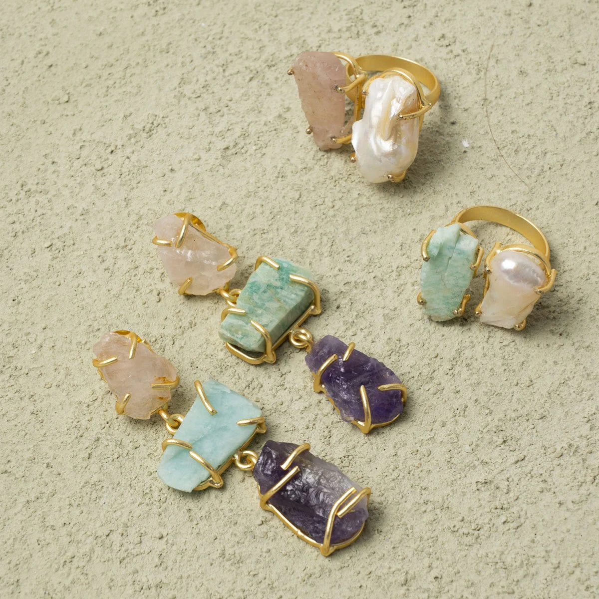 Pendientes Gisela Rosa Cuarzo, Verde agua amazonita y Morado amatista