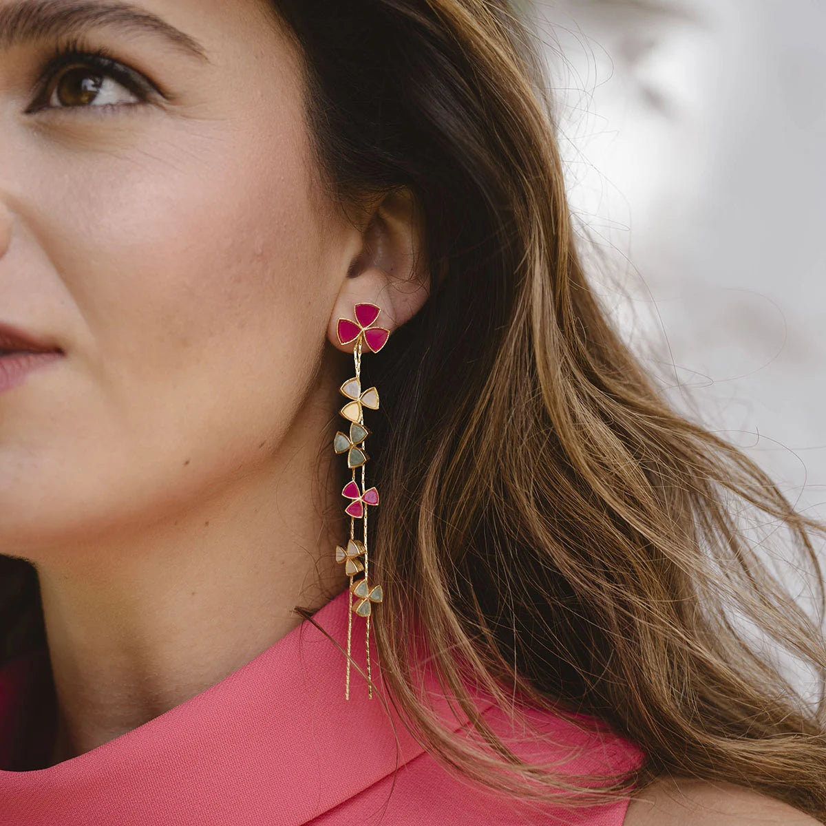 Pendientes Shamrock Fucsia, Blanco y Verde agua