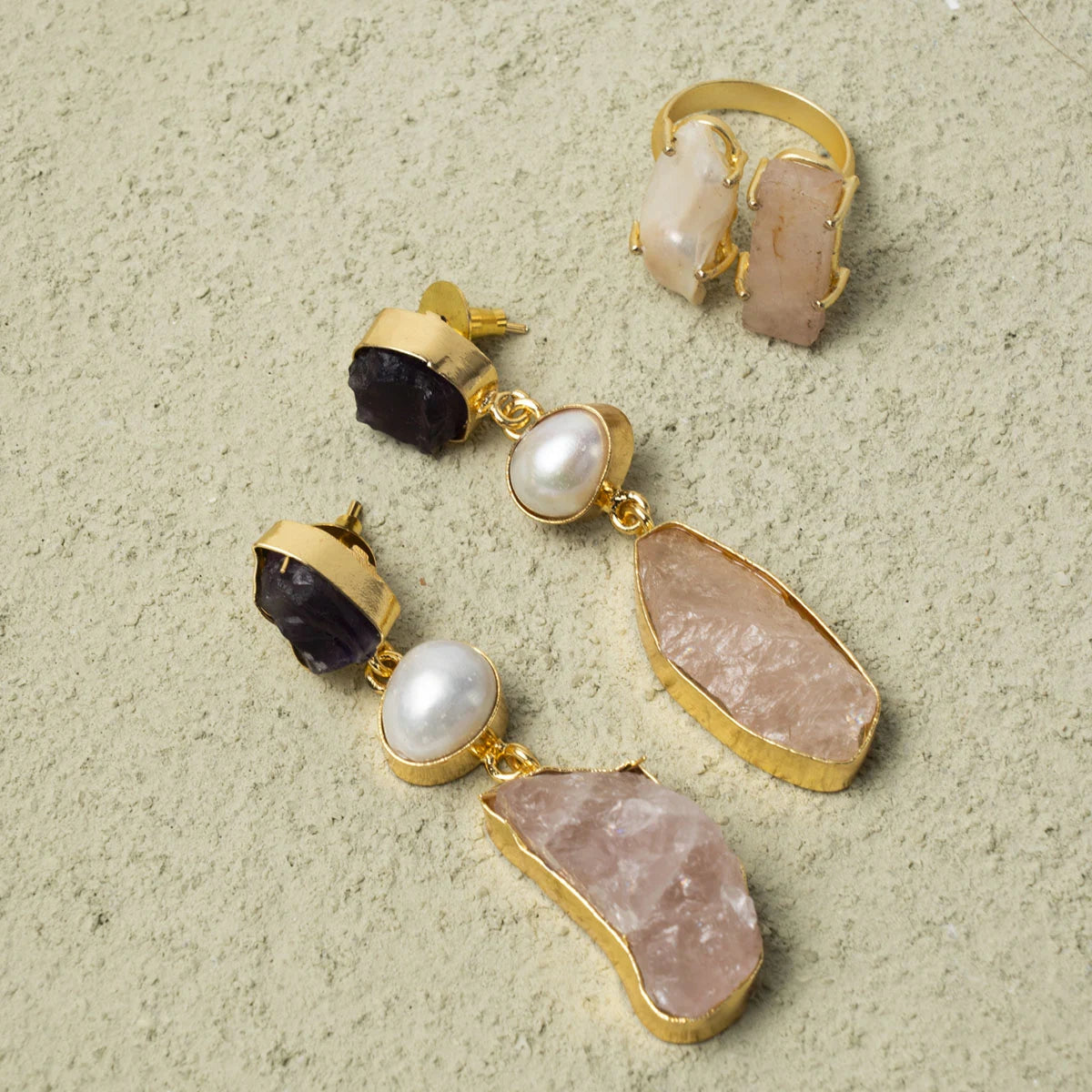 Pendientes Tiga Morado, Perla y Rosa cuarzo