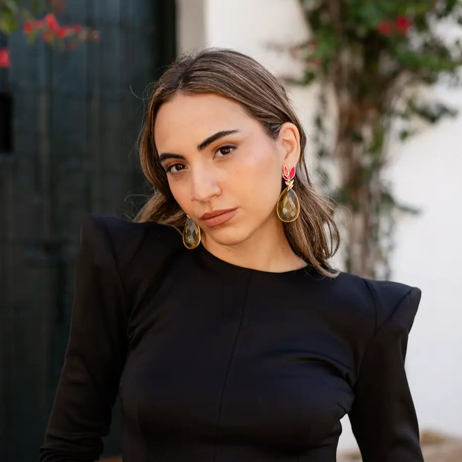 Set Matrix Pendientes Leaves y Elix XL Fucsia y Amarillo