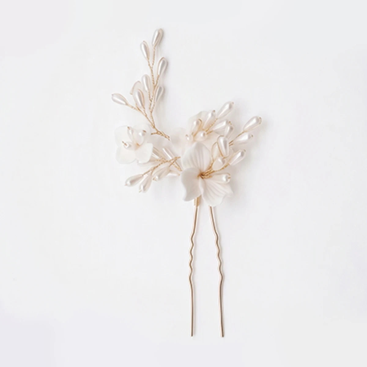 Horquilla Cerámica Blanca Campanula Tipo A - 3 Flores y Perlas