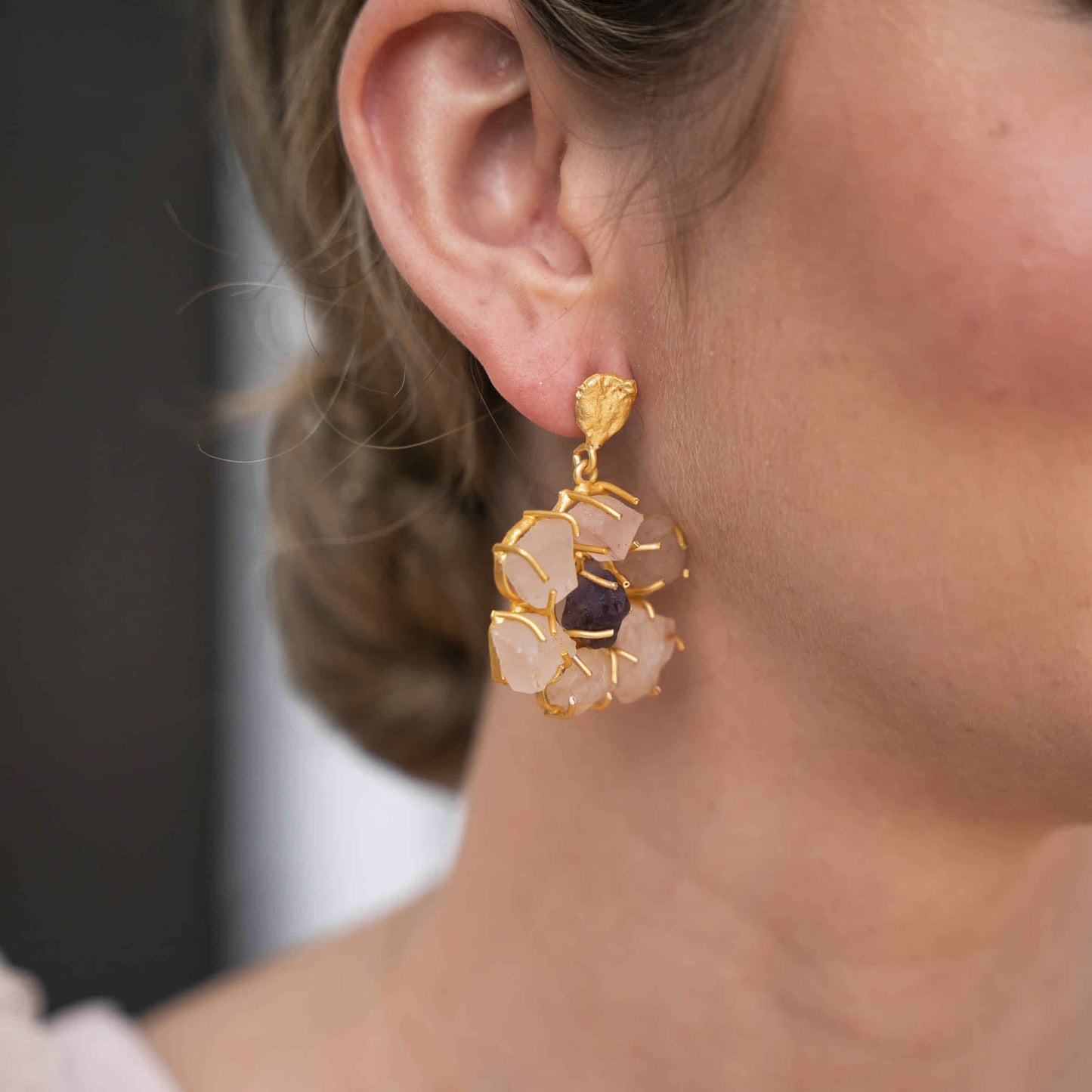 Pendientes Dunya Rosa Cuarzo y Morado