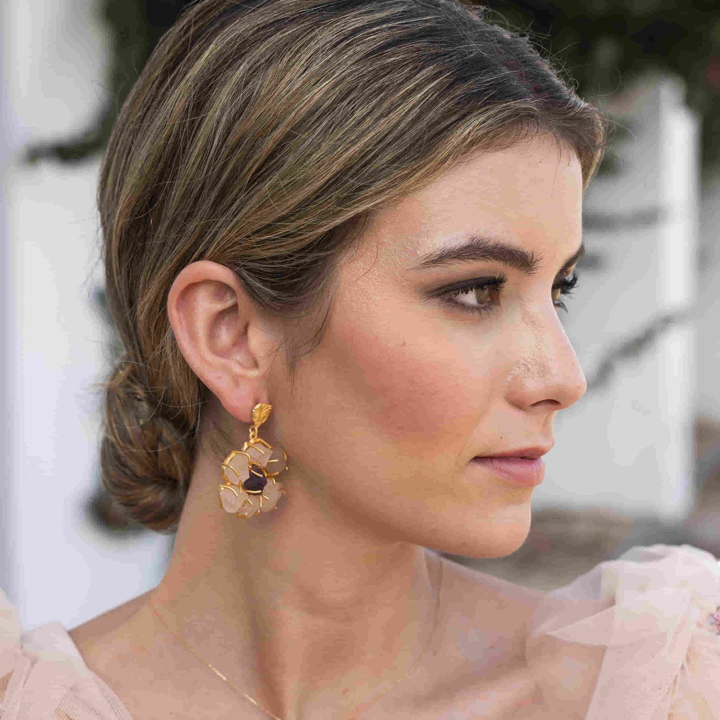 Pendientes Dunya Rosa Cuarzo y Morado