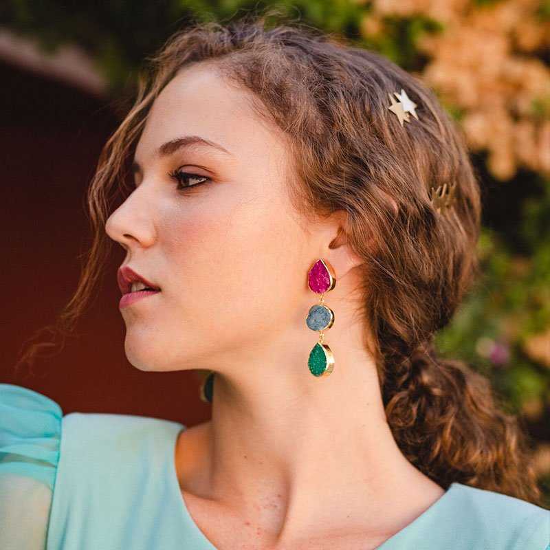 Pendientes Mademoiselle Fucsia, Azul turquesa y Verde
