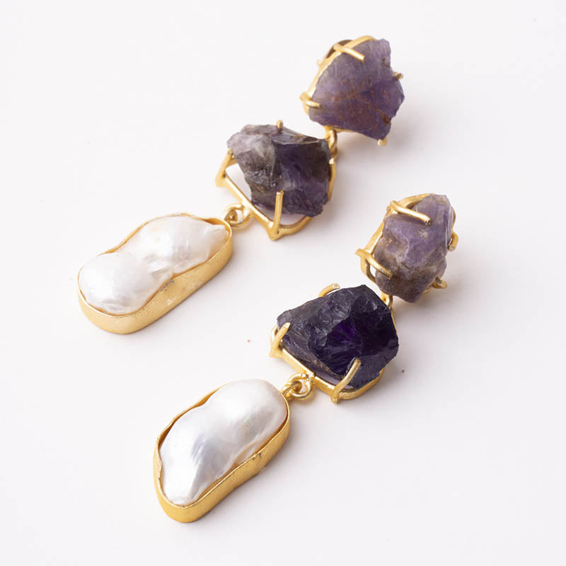 Pendientes con piedras de color Morado y perla para la feria