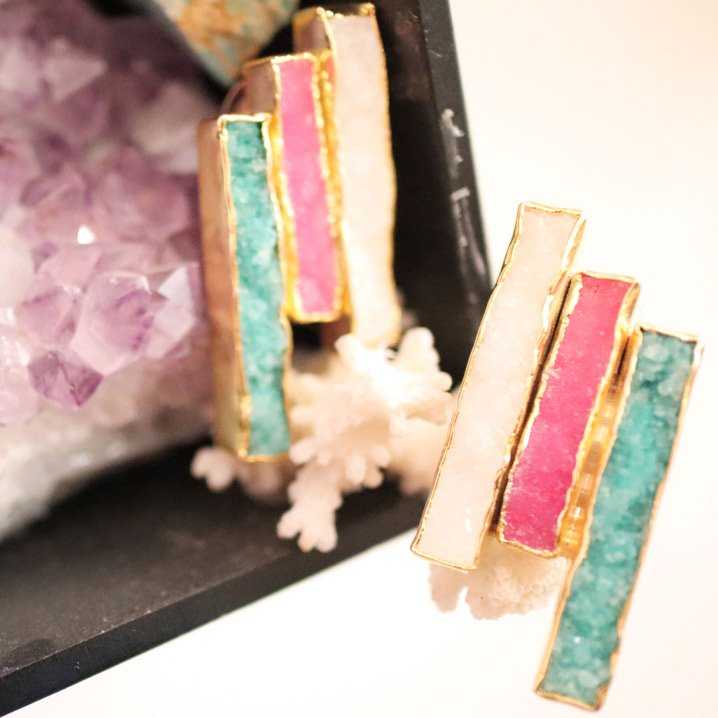 Pendientes Geoline Verde, Fucsia y Blanco