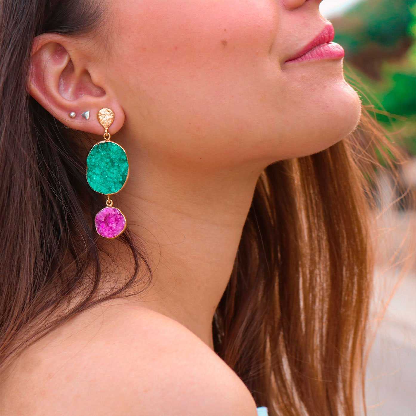 Pendientes Saphiro Verde y Fucsia
