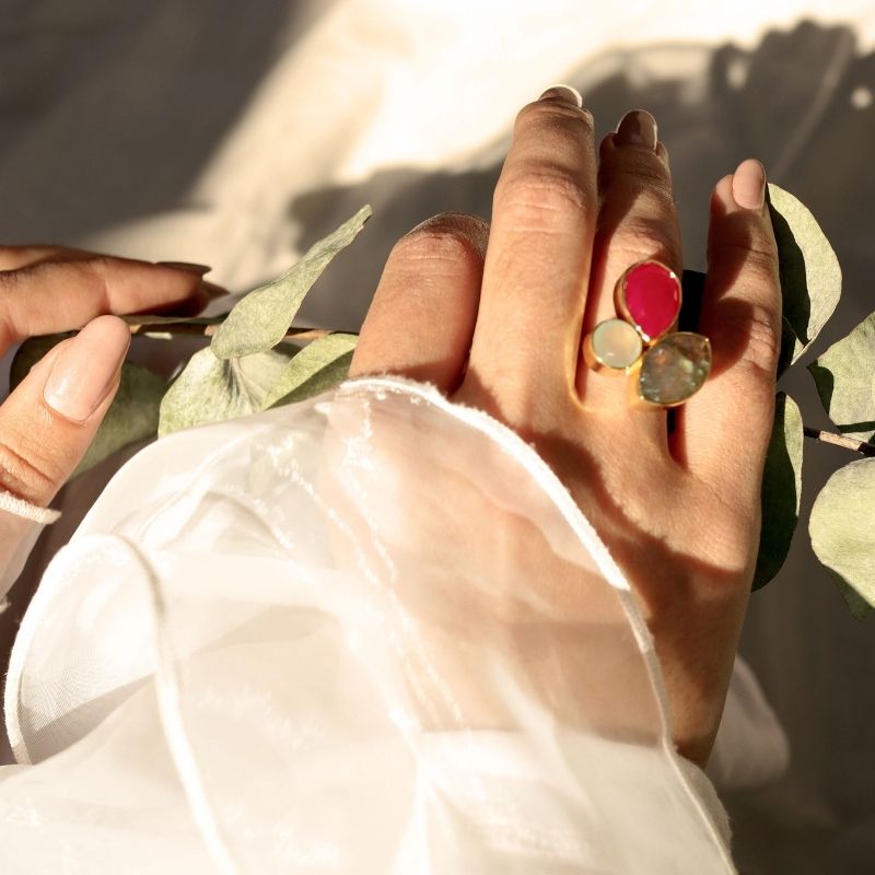 Anillo Greas Rubí, Mint y Labradorita