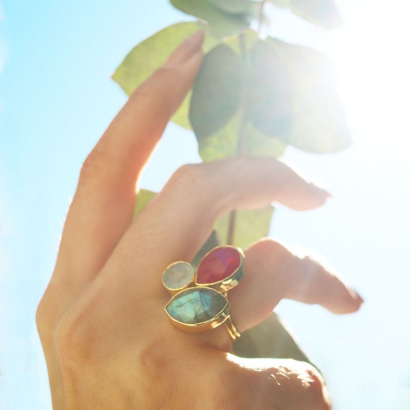 Anillo Greas Rubí, Mint y Labradorita
