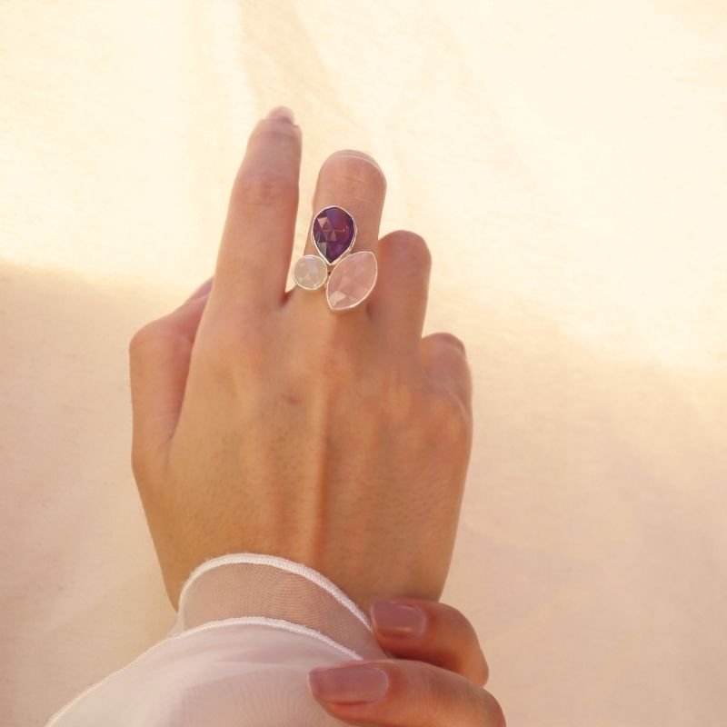 Anillo Greas Plata Morado, Blanco y Rosa claro