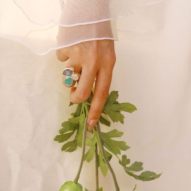 Anillo Greas Plata Verde agua. Rosa claro y Labradorita