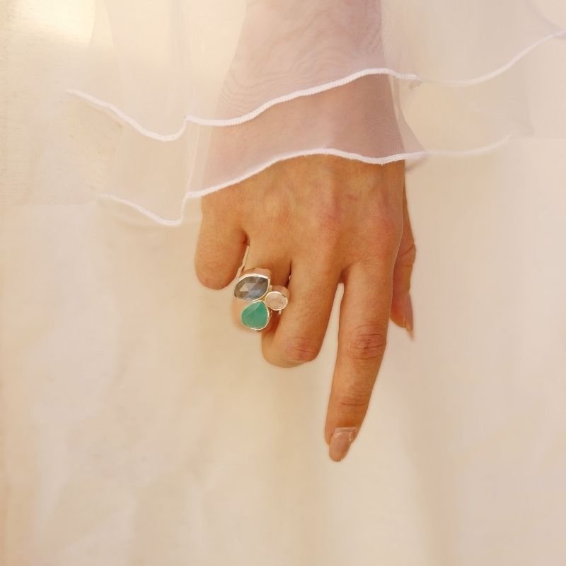 Anillo Greas Plata Verde agua. Rosa claro y Labradorita