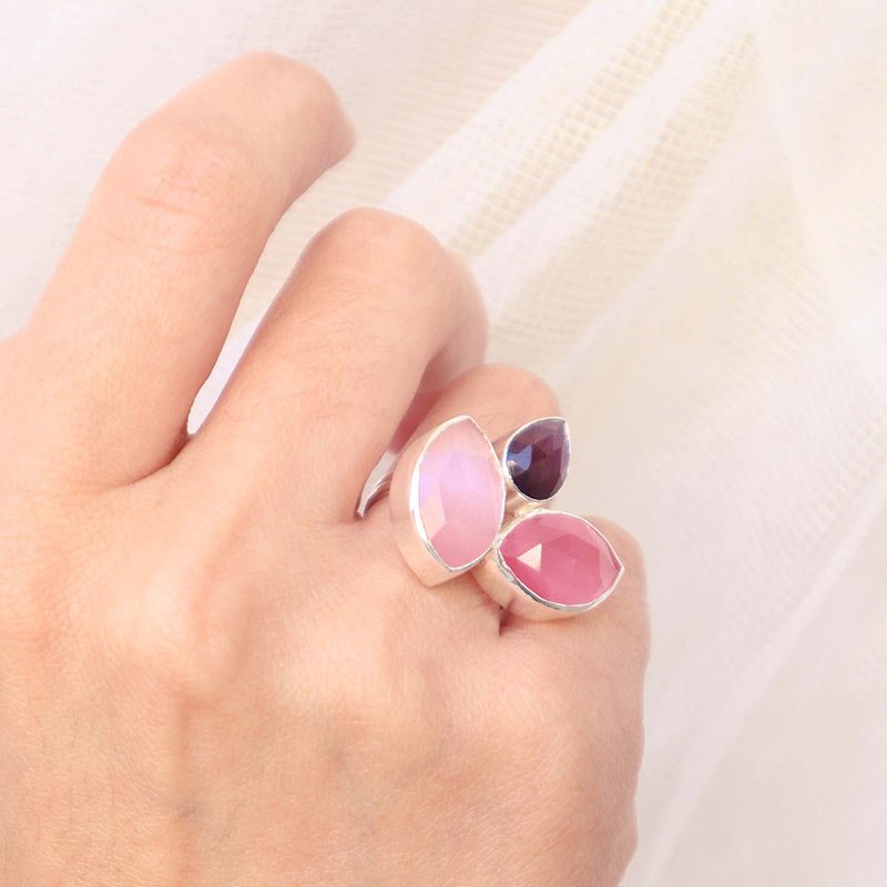 Anillo Grayas Plata Rosas y Morado