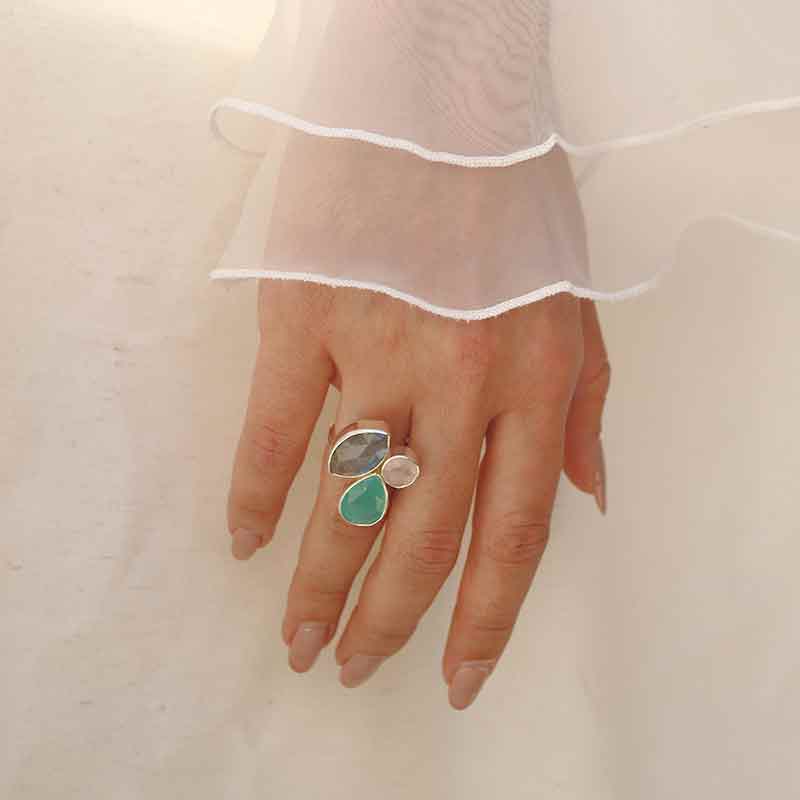 Anillo Greas Plata Verde agua. Rosa claro y Labradorita