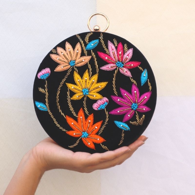 Bolso Circular Flores Negro Multicolor