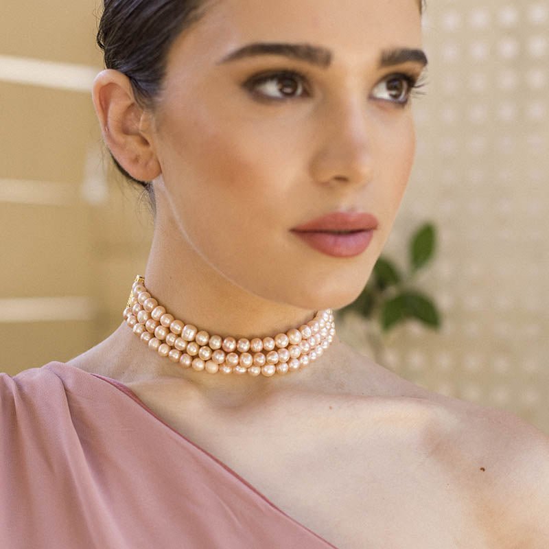 Choker Pinklady Triple Perlas Rosas